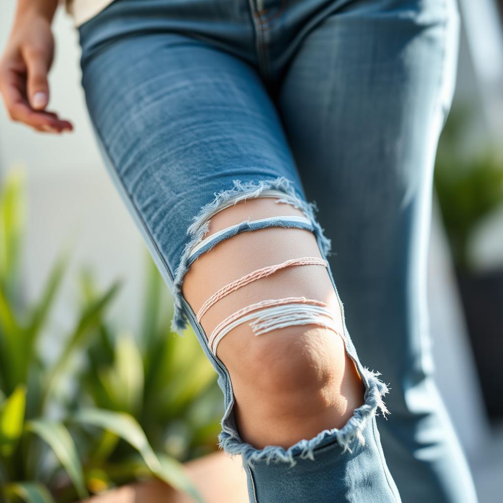 A close-up view of a stylish pair of ripped jeans with a prominent hole at the knee, showcasing frayed edges and the underlying fabric texture