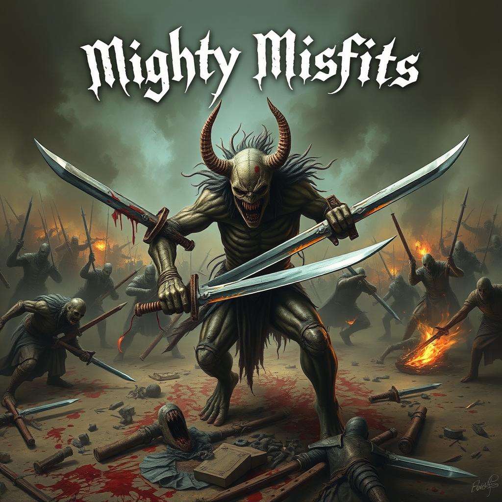 A creepy horror creature armed with menacing swords, slicing through enemies on a chaotic battlefield