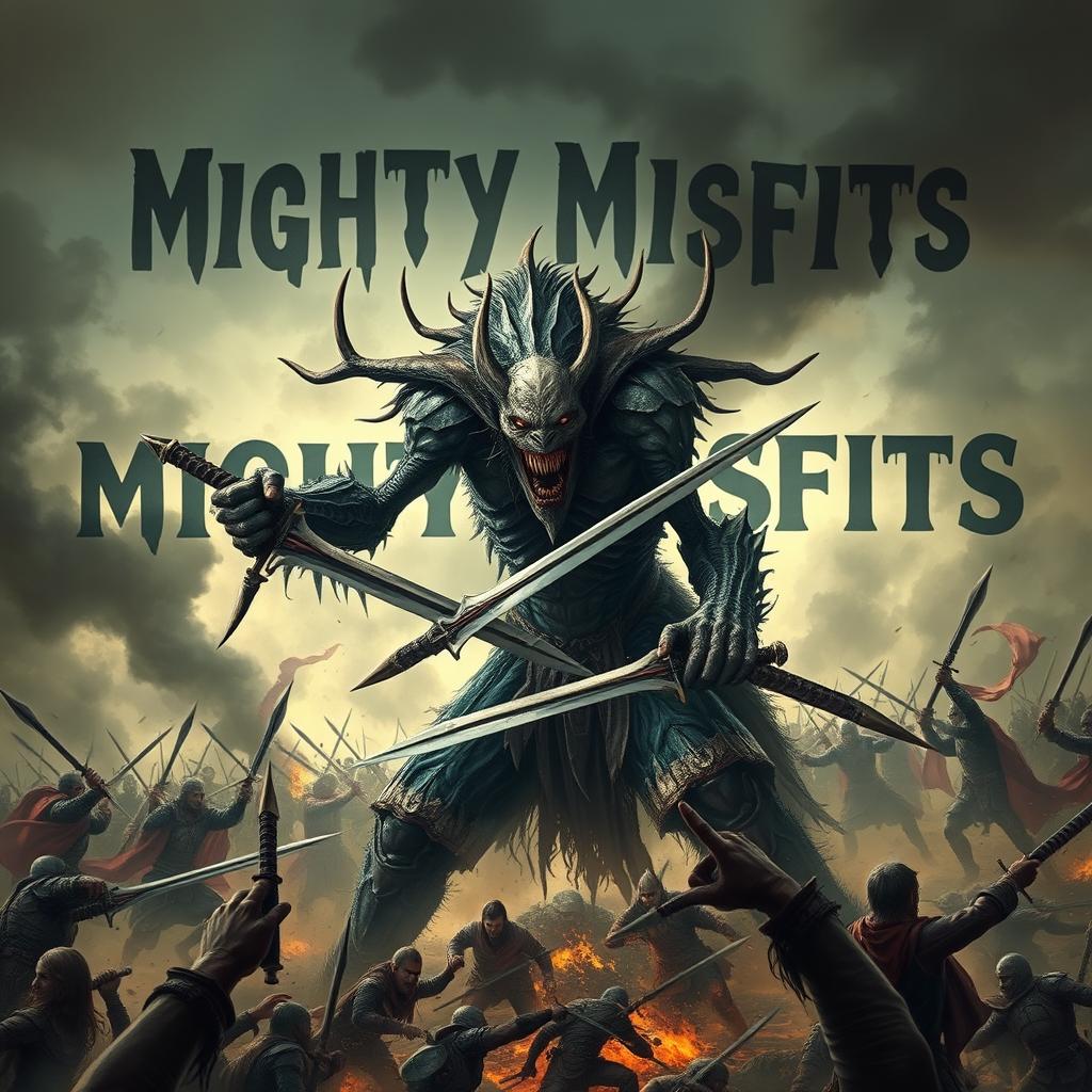 A terrifying horror creature armed with swords, slicing through enemies on a chaotic battlefield