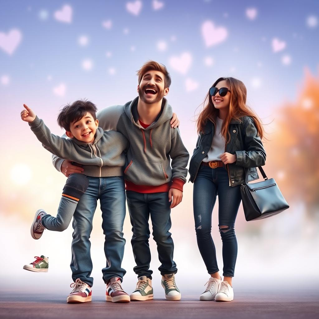 A 40-year-old father with a warm smile and a relaxed posture, dressed in a casual outfit consisting of comfortable jeans, sneakers, and a cozy sweater