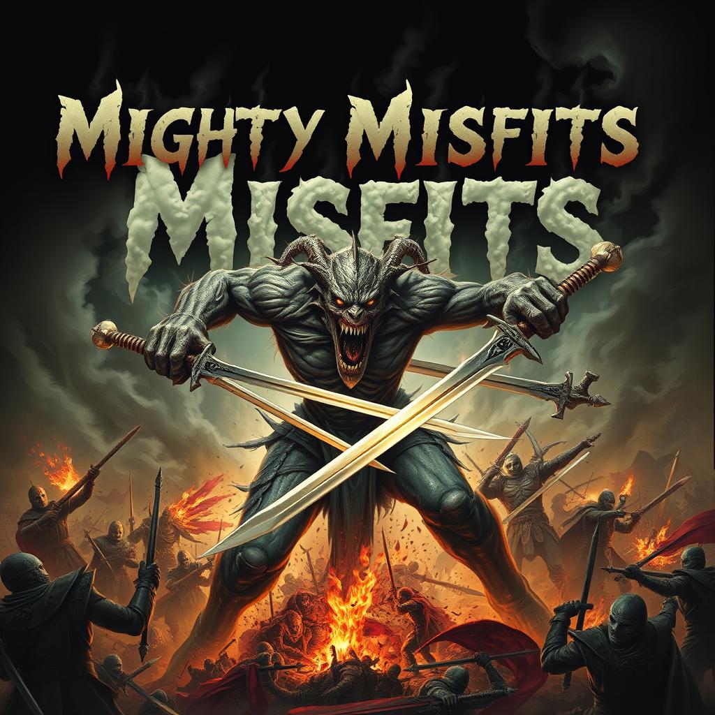 A terrifying horror creature wielding multiple swords, expertly slicing through enemies on a chaotic battlefield