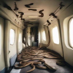 Several snakes of different species scattered across the cabin of an airborne plane, inducing a sense of suspense