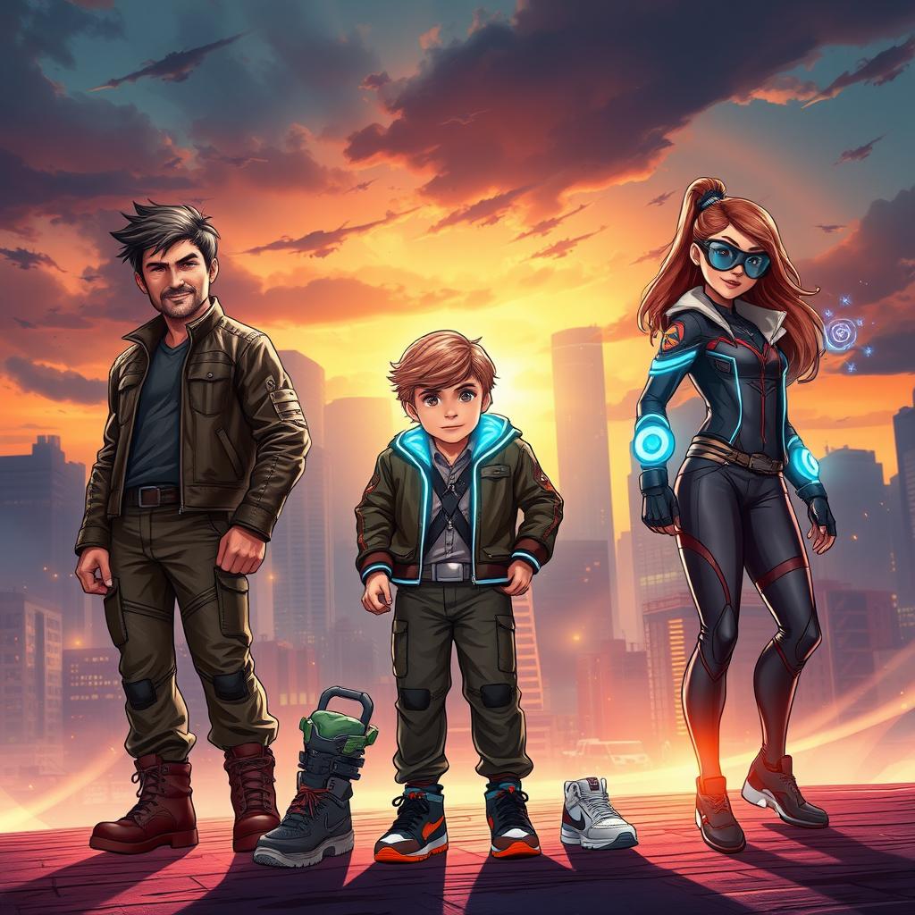 A powerful, cinematic Marvel-style illustration featuring a 40-year-old father, his 10-year-old son, and 15-year-old daughter, all striking heroic poses against a dramatic cityscape at dusk