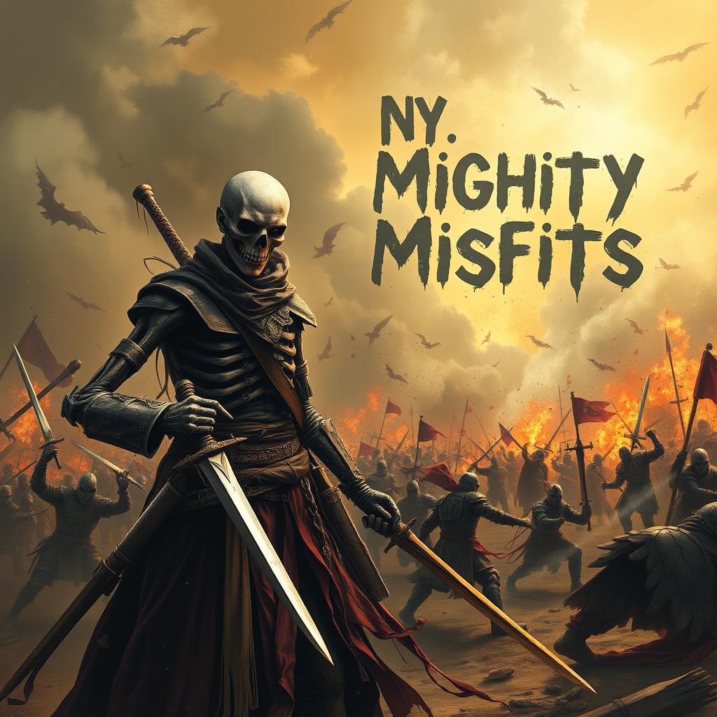 A creepy, lifeless warmonger standing in the foreground, armed with lethal swords that slice through enemies on the battlefield