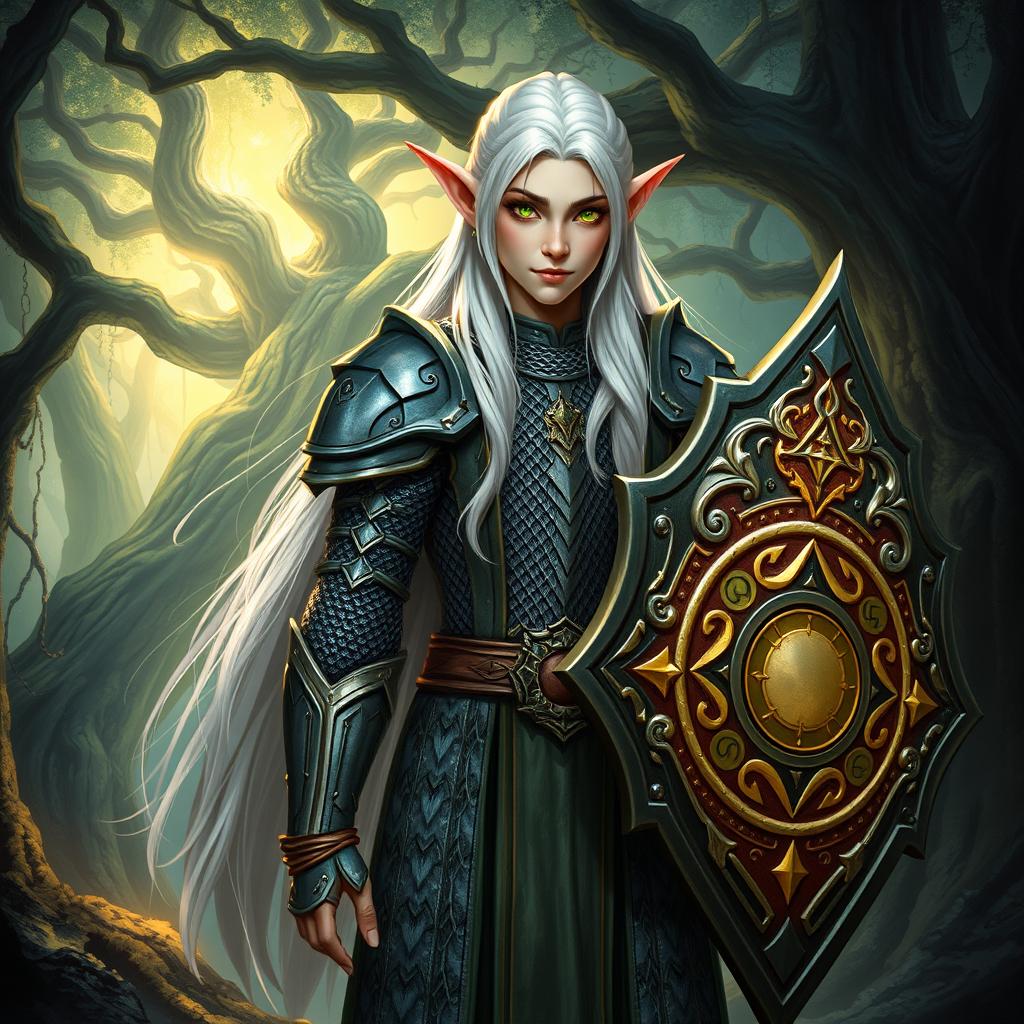 A tall elf with bright green eyes and long, light white hair, dressed in shimmering chainmail armor