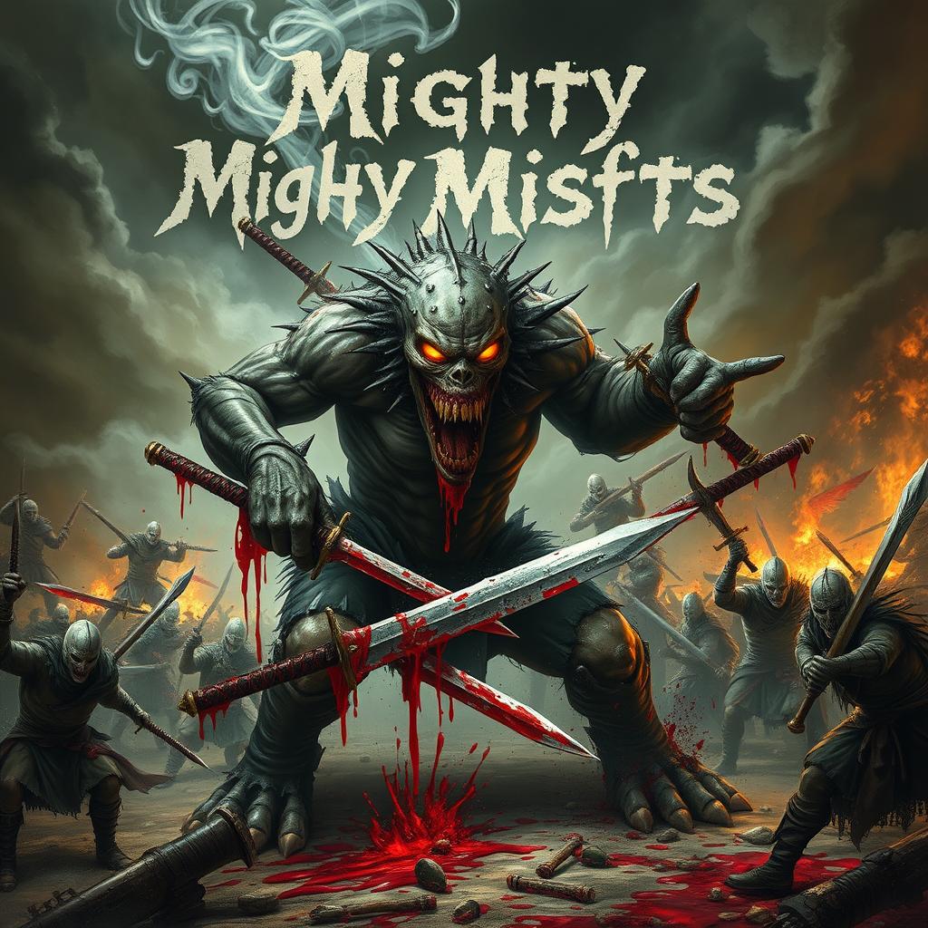 A terrifying horror monster wielding multiple wicked swords, each dripping with blood, ready to slice through enemies on a chaotic battlefield