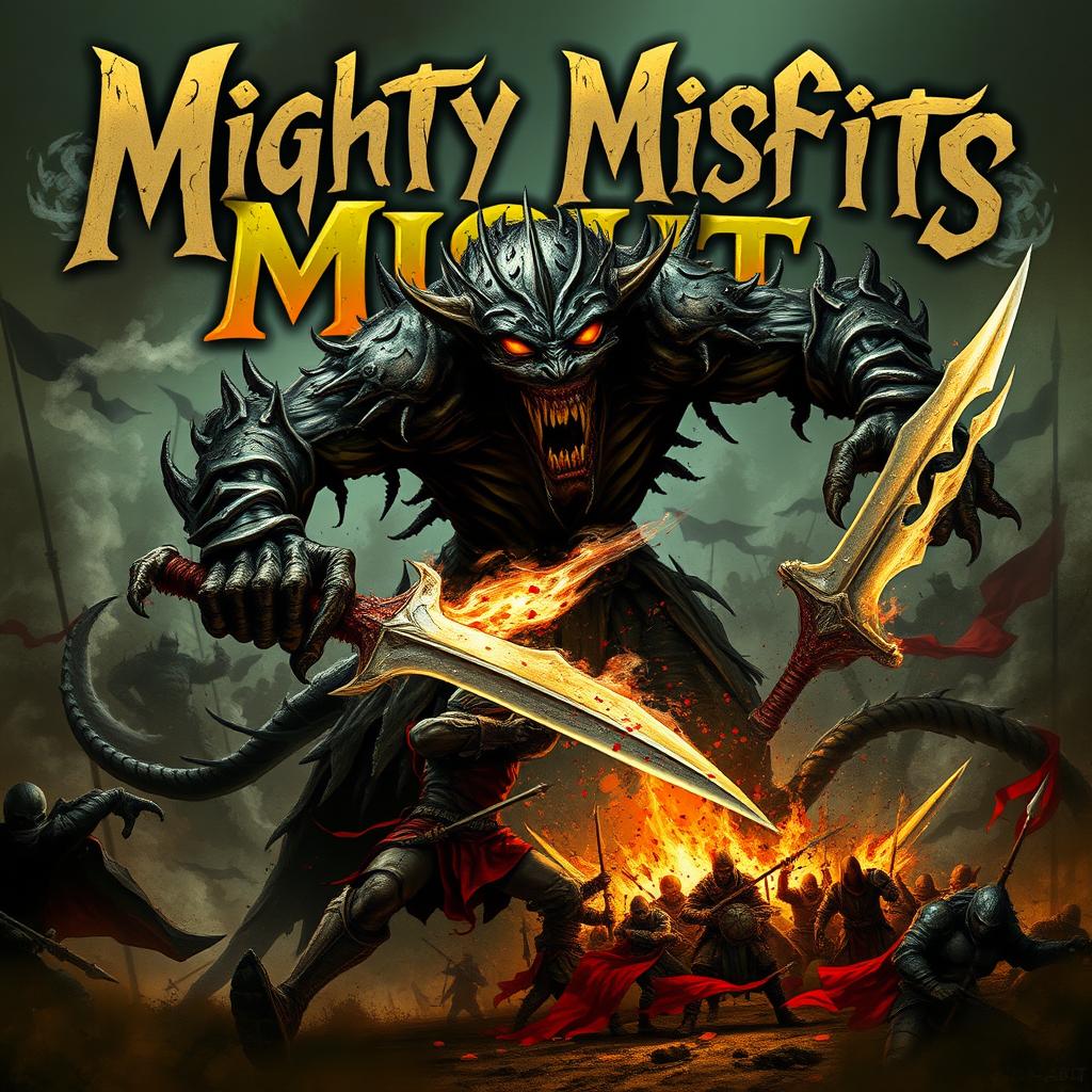 A terrifying, creepy horror monster with elongated limbs, sharp claws, and a menacing grin, wielding two gleaming swords that cut through enemies on the battlefield