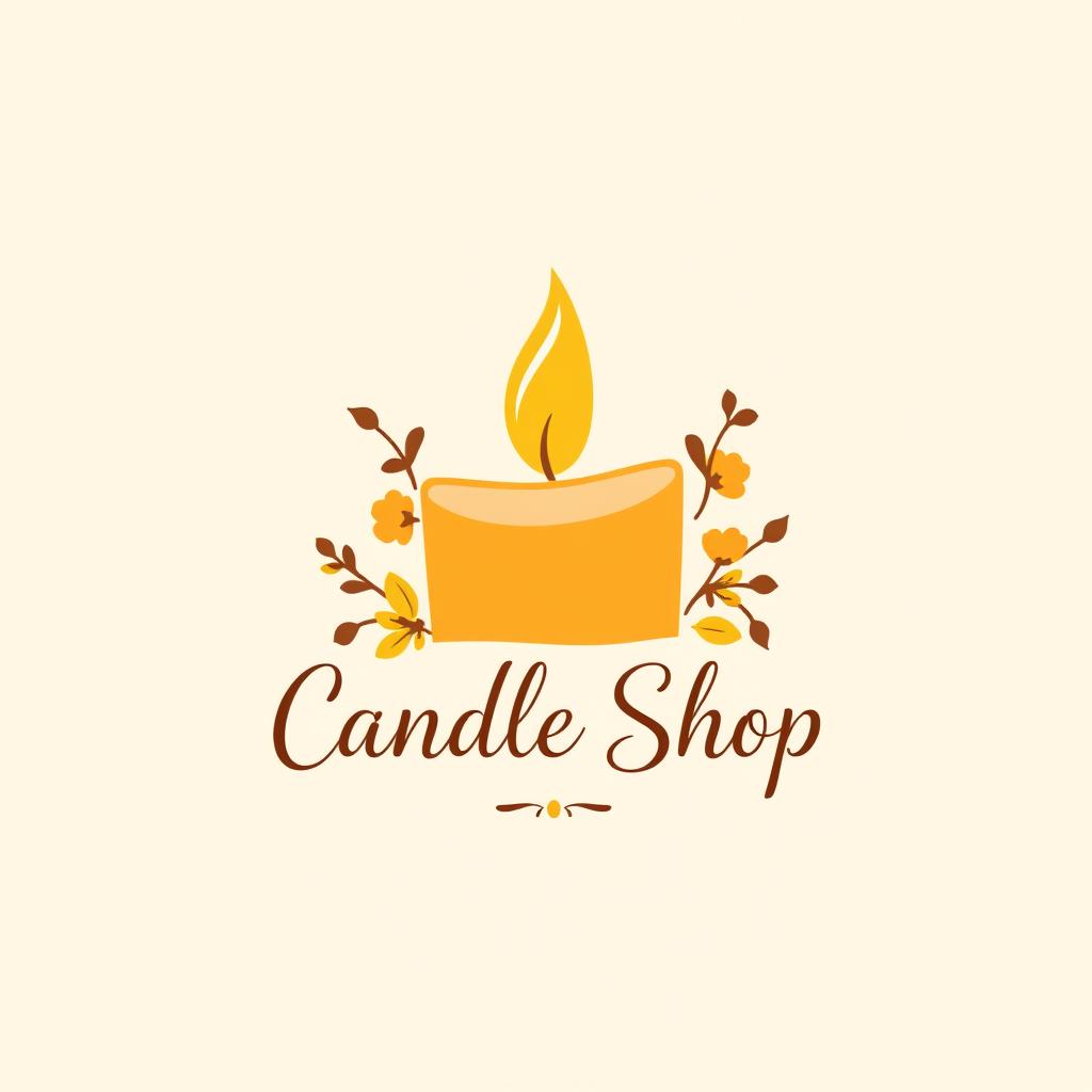 A logo design for a candle shop, featuring a stylized candle with a flame in warm colors, like soft yellows and oranges, symbolizing warmth and comfort