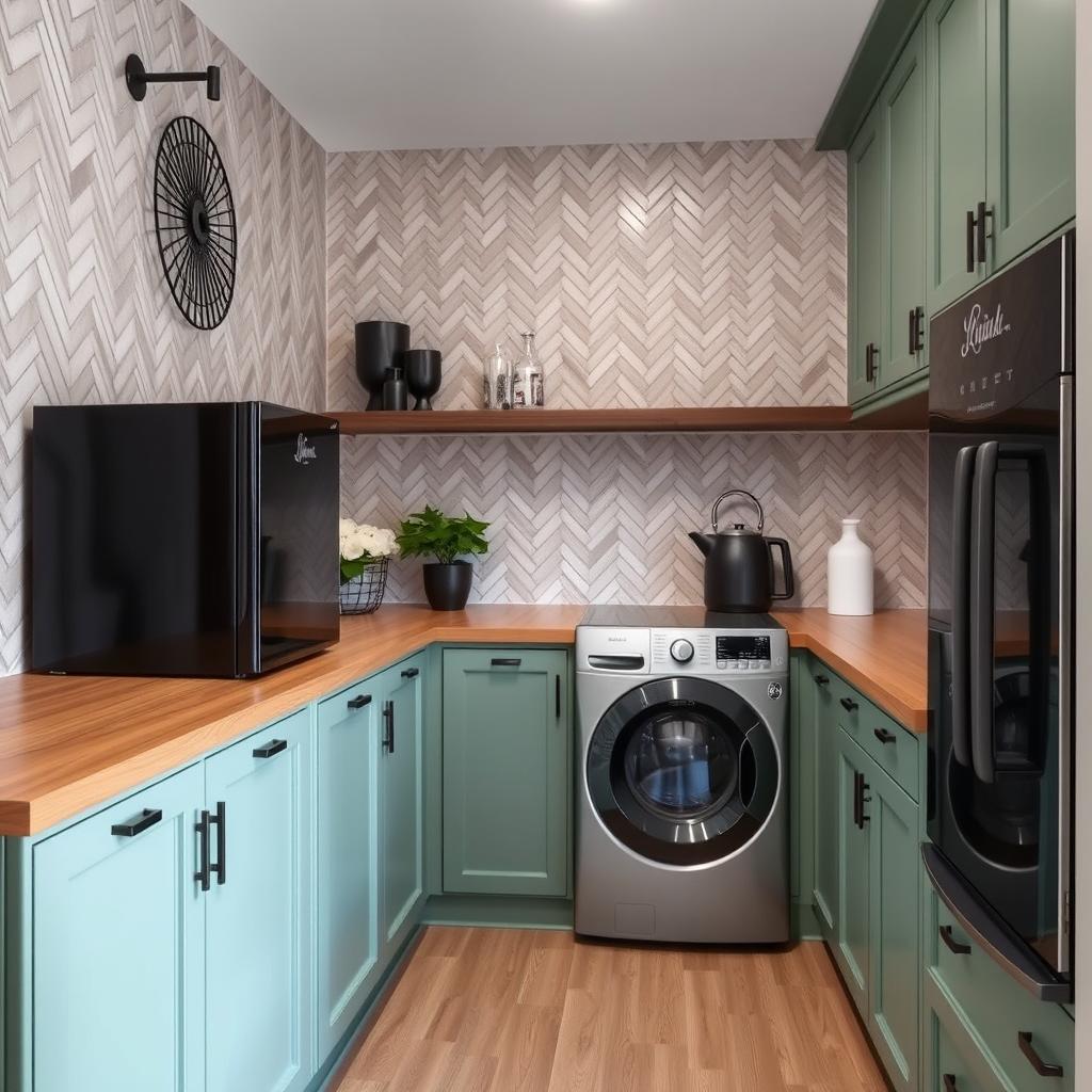 A laundry room featuring sage green furniture and charcoal-colored appliances
