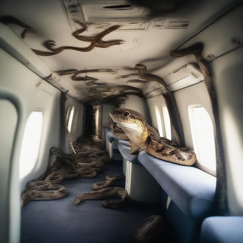 Several snakes of different species scattered across the cabin of an airborne plane, inducing a sense of suspense