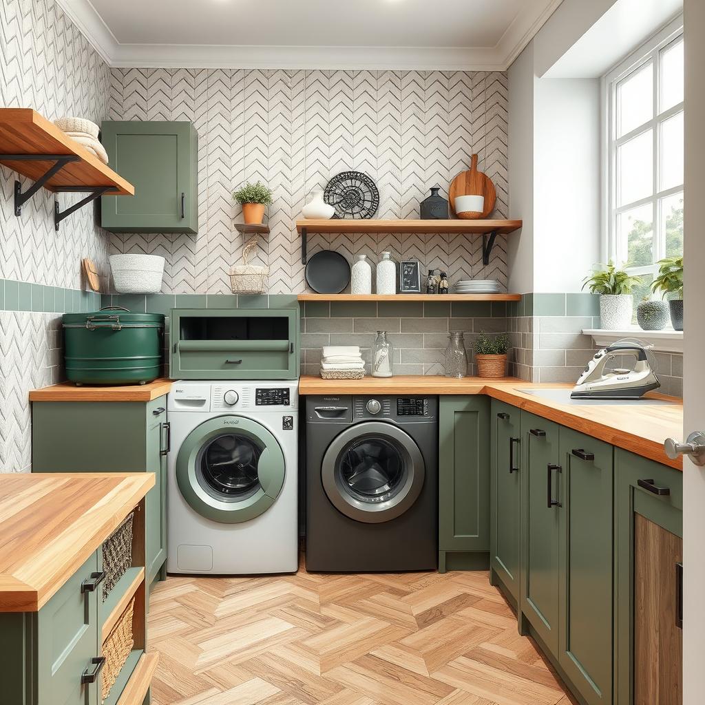 A beautifully designed laundry room featuring furniture in sage green