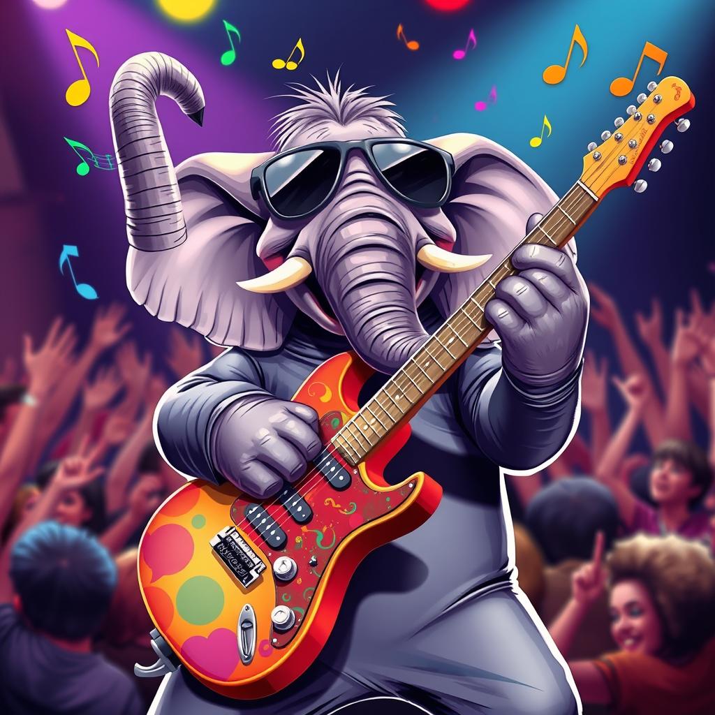 An elephant playing an electric guitar, showcasing its trunk skillfully strumming the strings