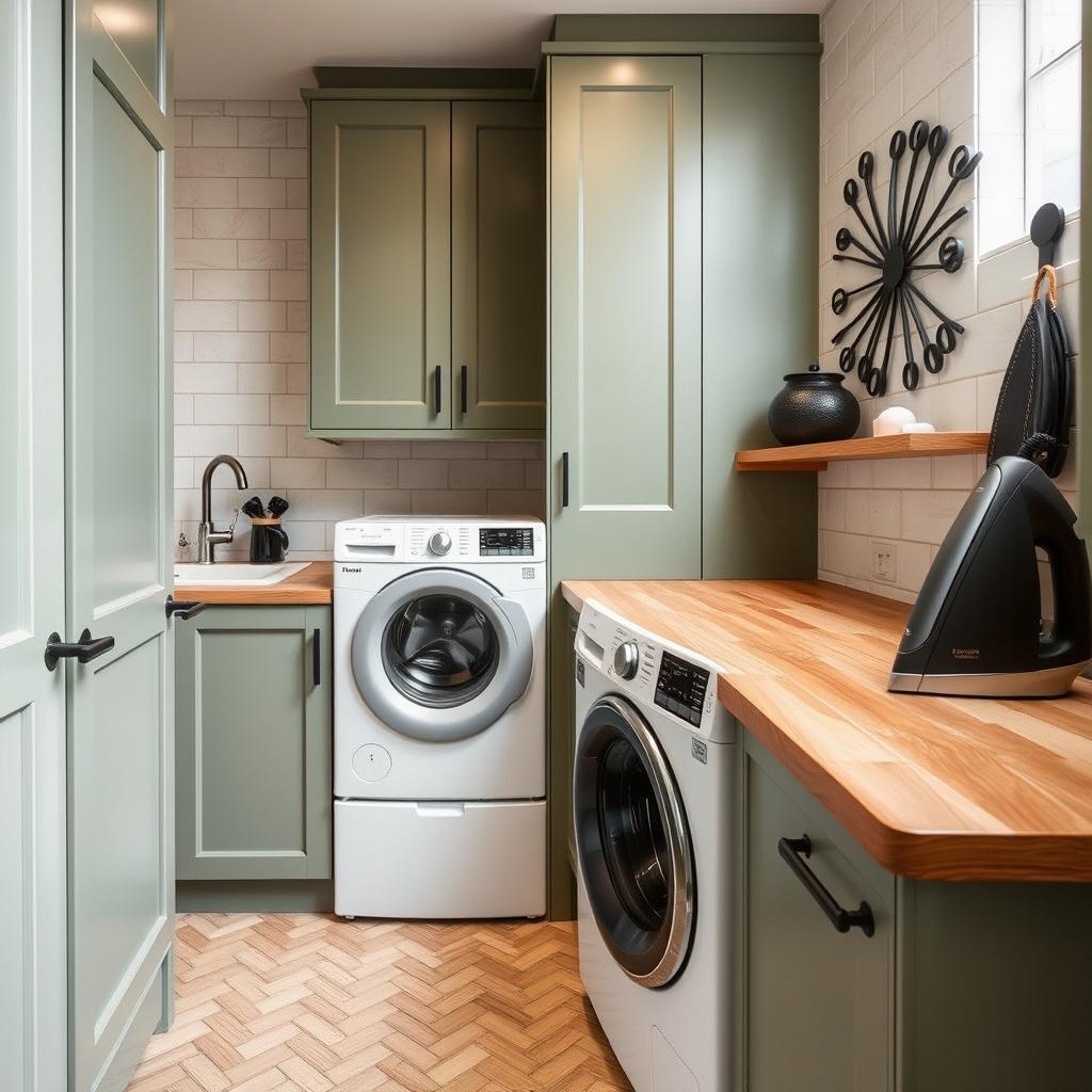 A cozy laundry room featuring furniture in sage green, a washing machine, dryer, and an iron in charcoal color