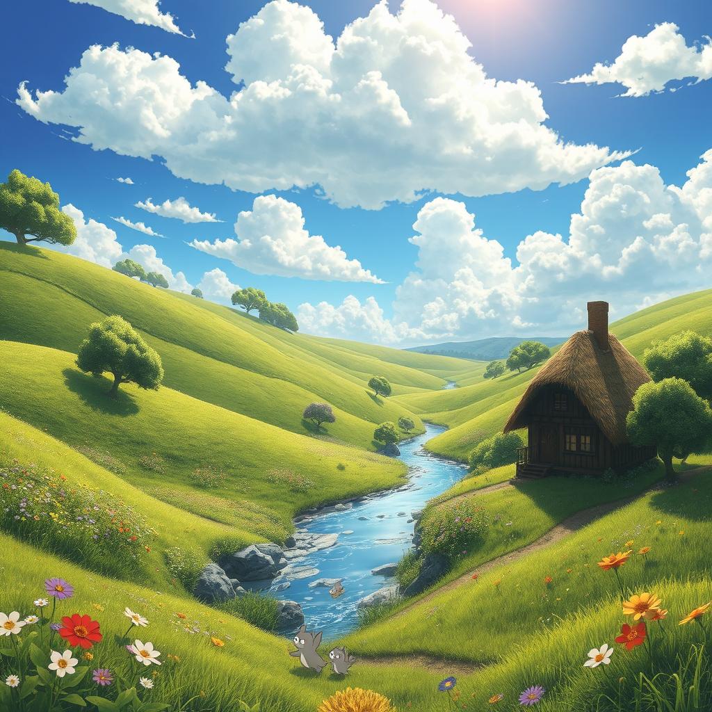 A whimsical and enchanting scene depicting a vibrant fantasy landscape inspired by Studio Ghibli, featuring lush green rolling hills, colorful flowers swaying in the breeze, a tranquil river winding through the scene, and a charming, traditional house with a thatched roof nestled among the trees