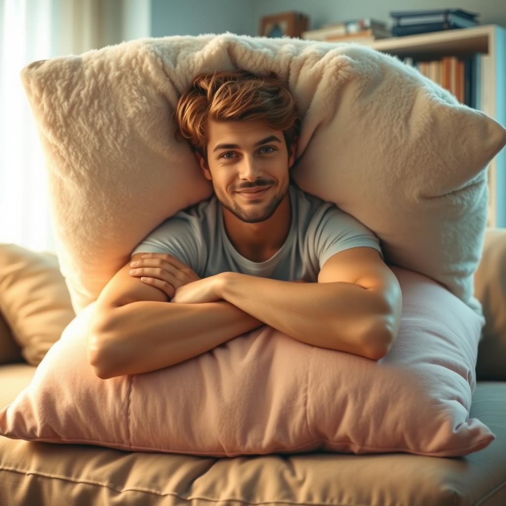 A cozy scene featuring a large, plush pillow in the center, with a man lounging underneath it, peeking out
