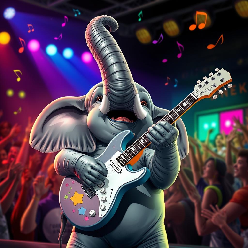 An elephant skillfully playing an electric guitar with its trunk, showcasing a fun and lively scene