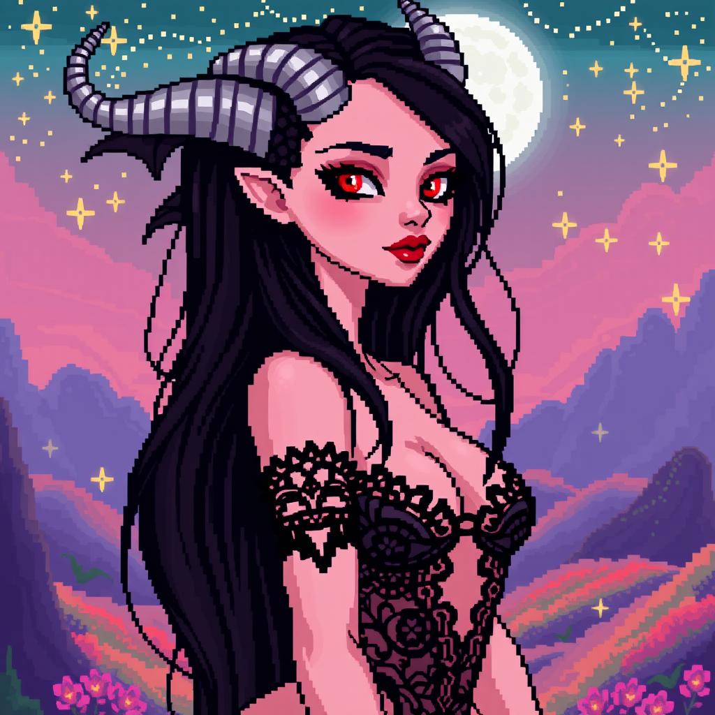 A pixel art depiction of a stunningly beautiful succubus, featuring exaggerated, charmingly retro pixelated features