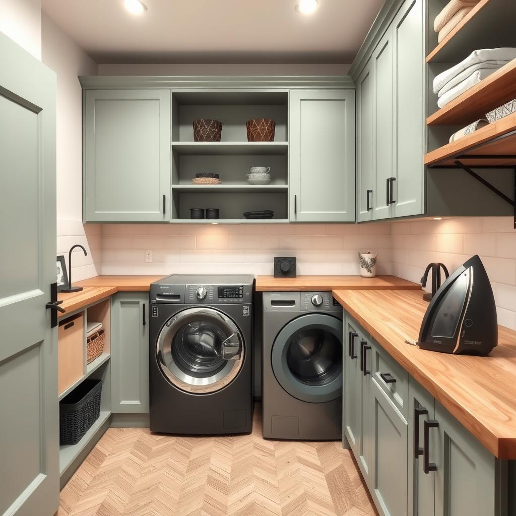 A modern laundry room that is neatly organized with ample storage space