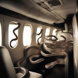 Several snakes of different species scattered across the cabin of an airborne plane, inducing a sense of suspense