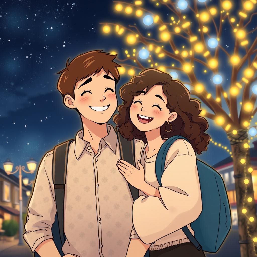 An illustration in the style of Studio Ghibli featuring a smiling couple in a nighttime setting illuminated by festive lights