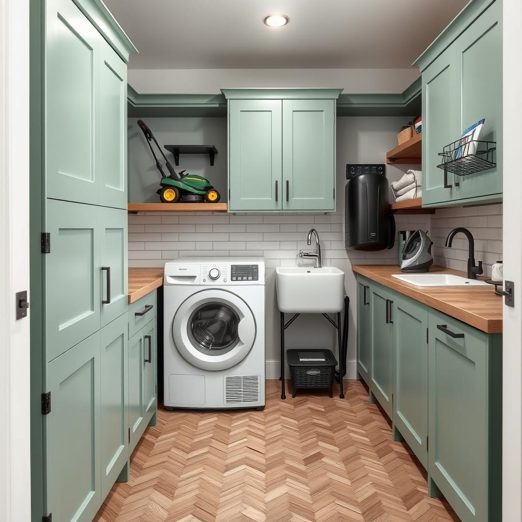 A neat and organized laundry room featuring storage space with sage green furniture
