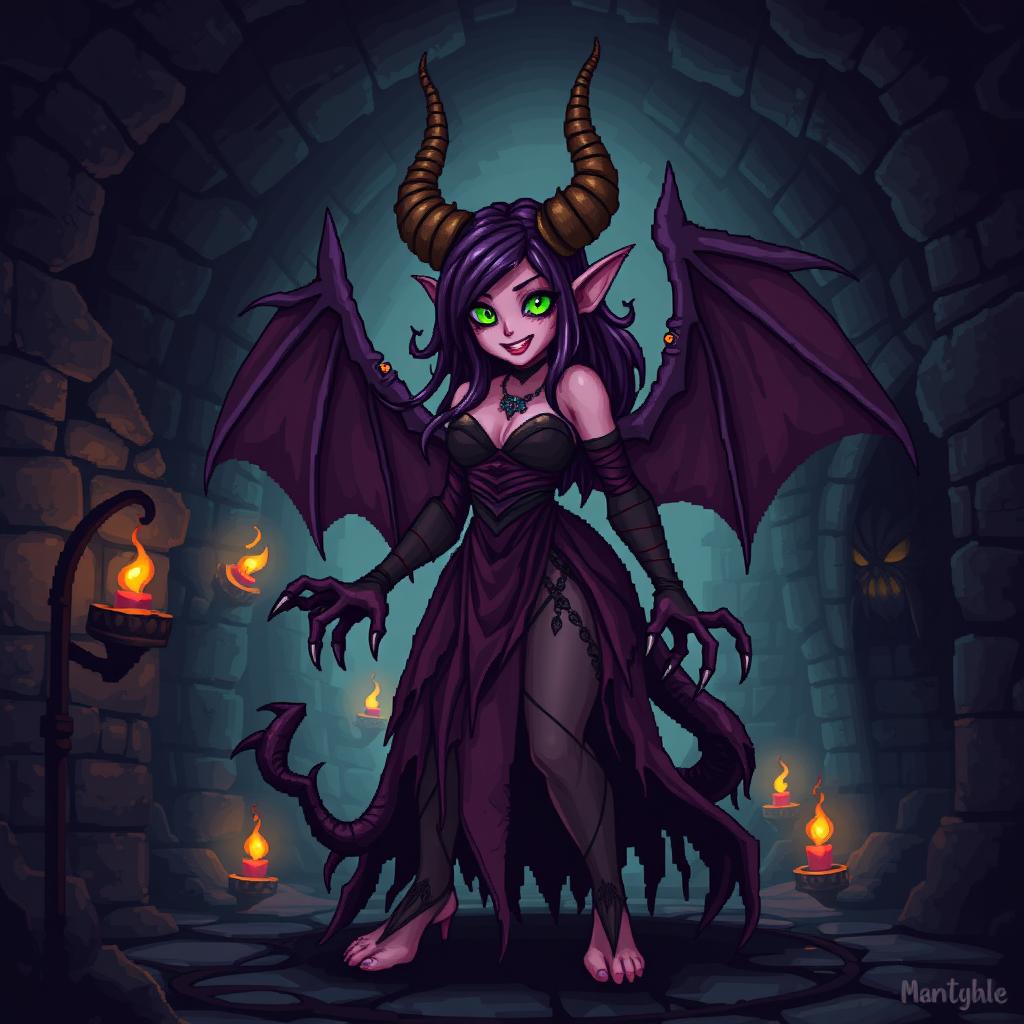 A detailed pixel art monster depiction of a dungeon succubus, featuring alluring features such as elongated horns, glowing eyes, and a mischievous smile