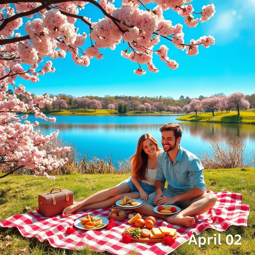 A stunning outdoor landscape showcasing a vibrant spring day, with blooming cherry blossom trees in full bloom, a clear blue sky, and a serene lake reflecting the colorful surroundings