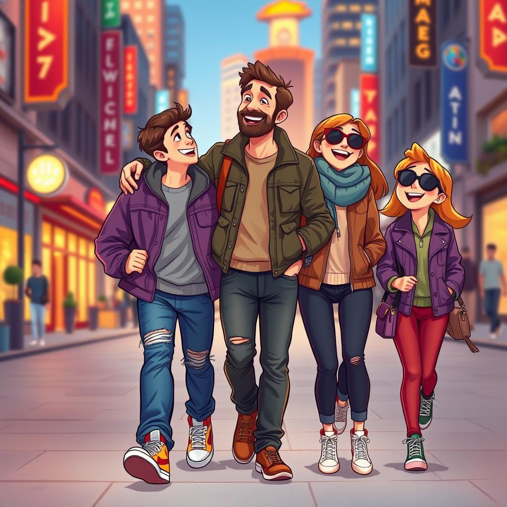 A heartwarming Disney-Pixar-style illustration featuring a 40-year-old father walking with his two 15-year-old children, a son and a daughter