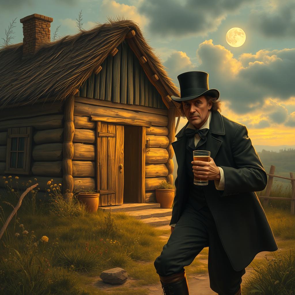 A 19th-century man stumbling drunkenly in front of a humble cottage, wearing period-appropriate clothing with a top hat and coat, exhibiting a slightly disheveled appearance