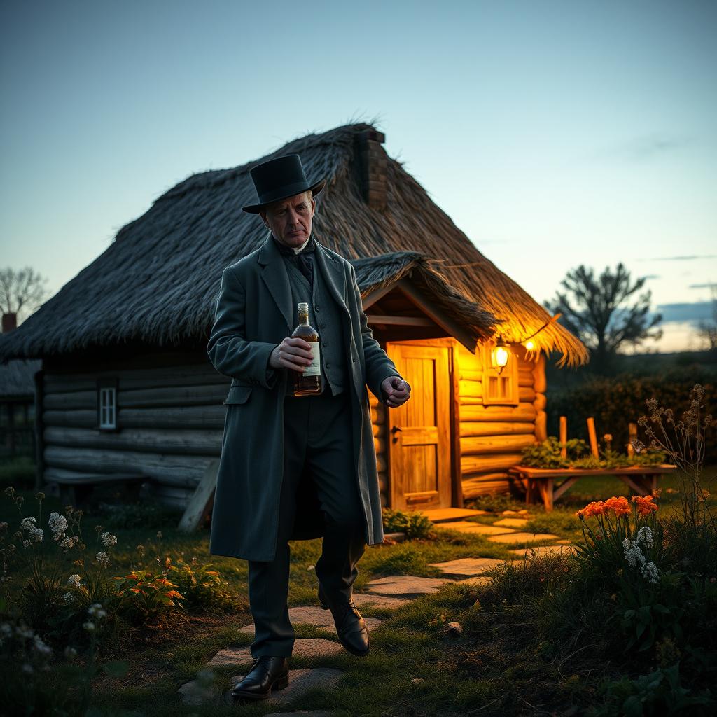 A late 19th-century man stumbling drunkenly in front of a humble cottage, holding a bottle of alcohol in his hand