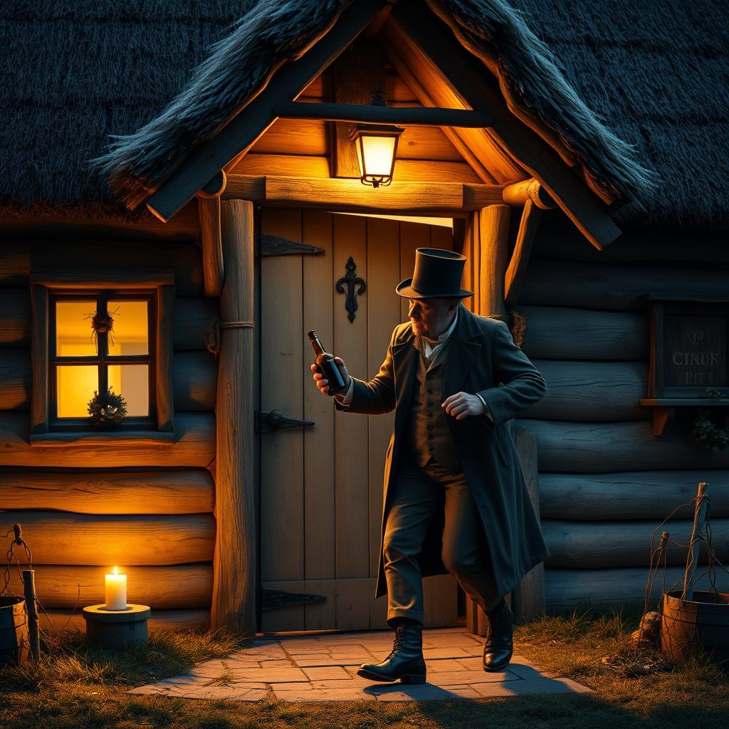 A late 19th-century man staggering in front of the door of a humble cottage, holding a bottle of alcohol in one hand