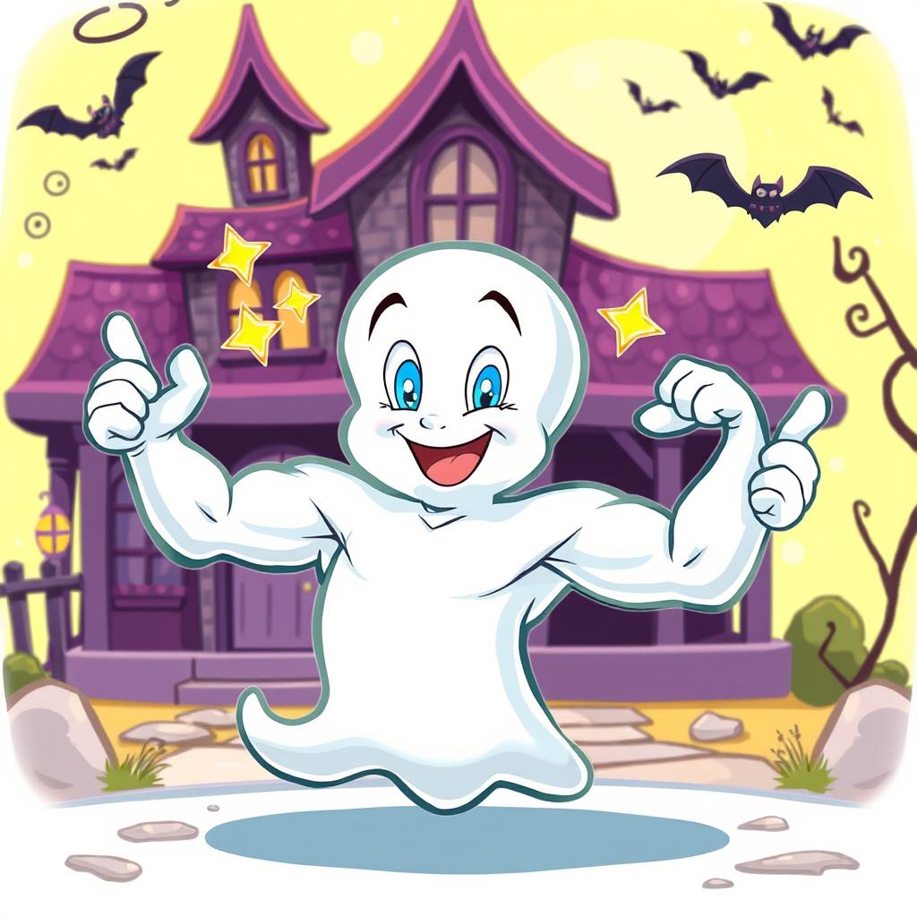 A playful cartoon ghost named Casper flexing his muscles, with a friendly and cheerful expression