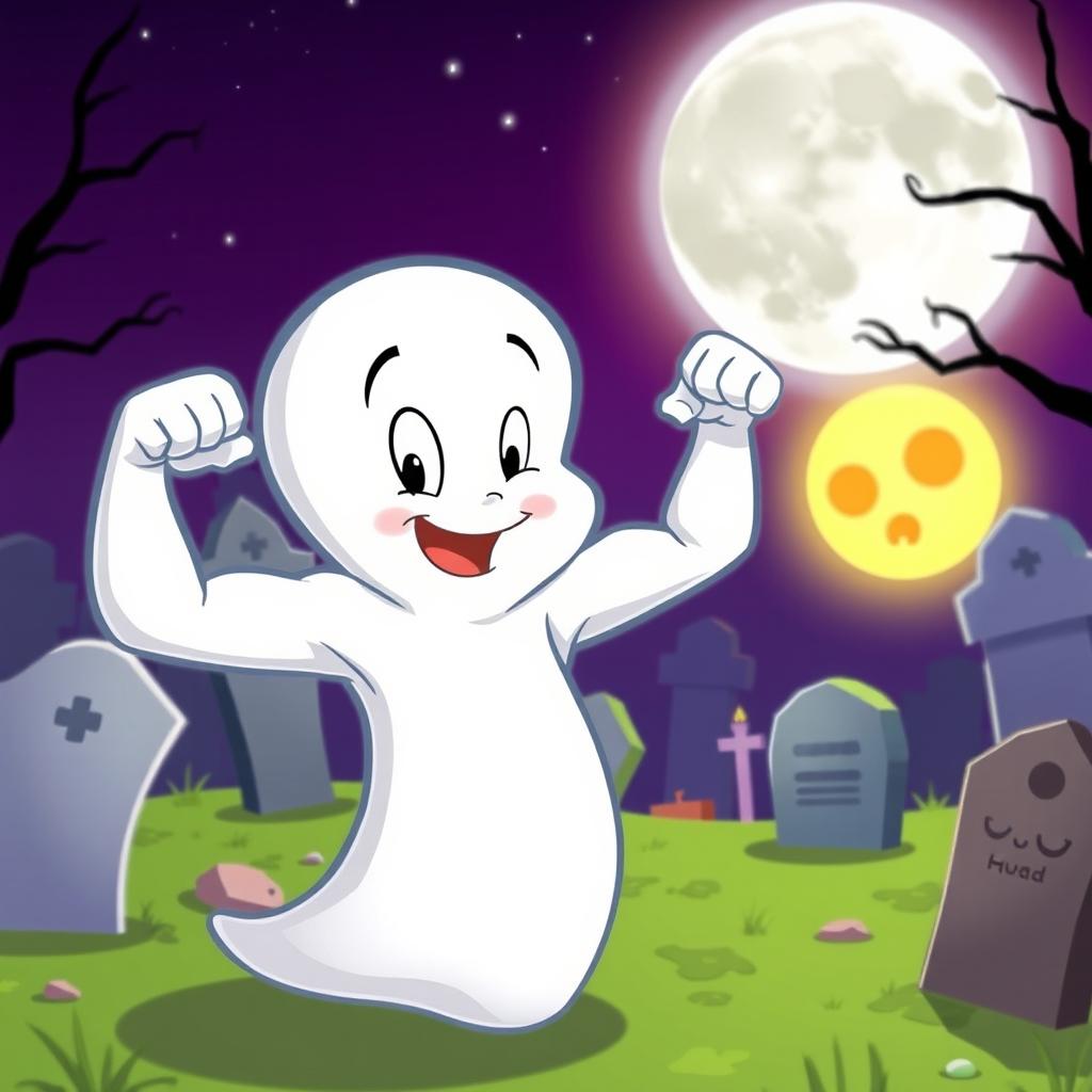 A playful and whimsical cartoon scene featuring Casper the friendly ghost flexing his muscles in a light-hearted manner