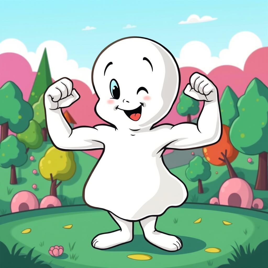 A playful interpretation of Casper the Friendly Ghost, depicted as a charming, cartoonish ghost flexing his muscles with a confident smile