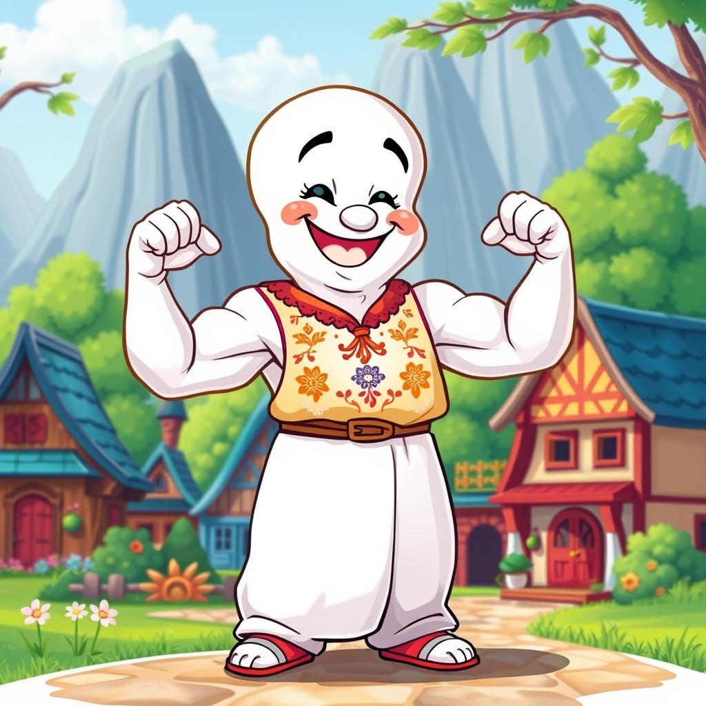 A cartoon-style ghost character inspired by Casper, with a Slavic twist, flexing his muscles proudly
