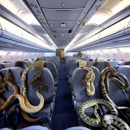 Several colorful, exotic snakes aboard an empty commercial airplane.