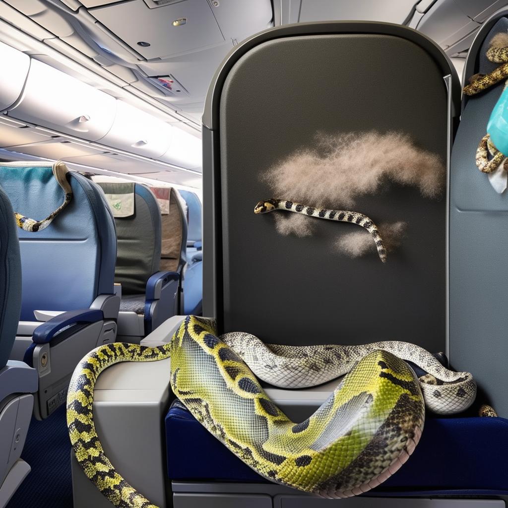 Several colorful, exotic snakes aboard an empty commercial airplane.