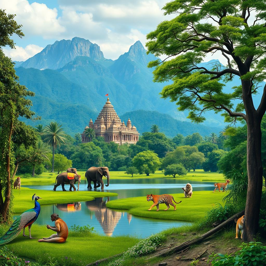 A tranquil forest scene featuring a serene lake