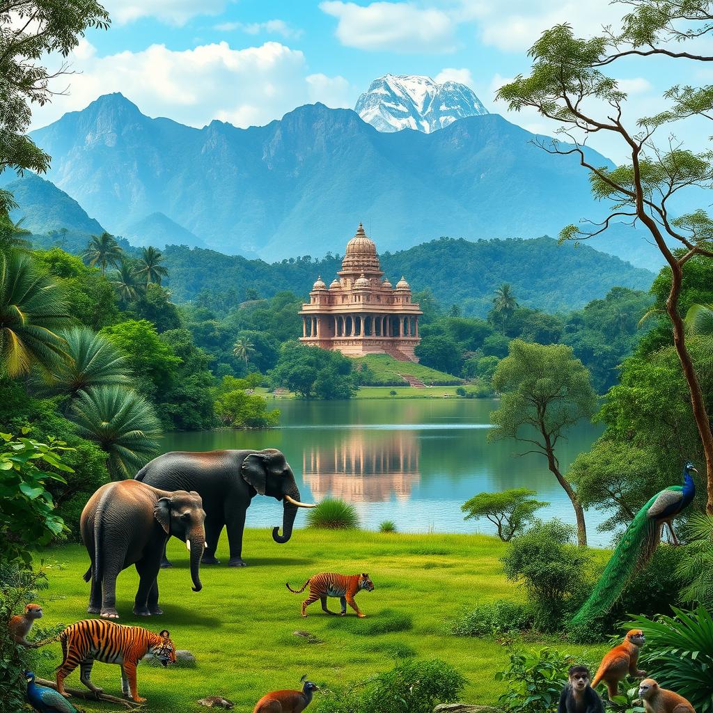 A tranquil forest scene featuring a serene lake surrounded by lush greenery