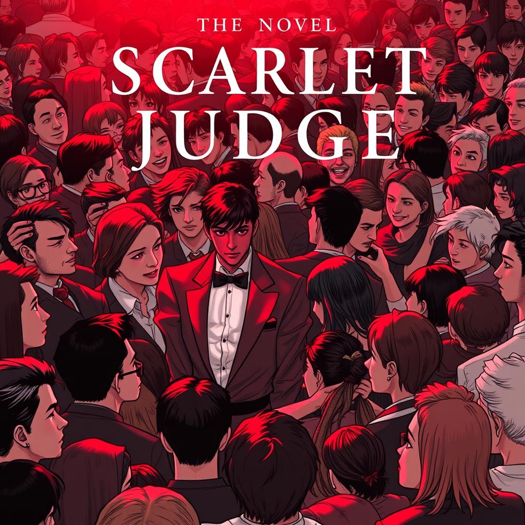 A book cover for a novel titled 'Scarlet Judge', featuring a tightly packed crowd of people, standing very close to one another