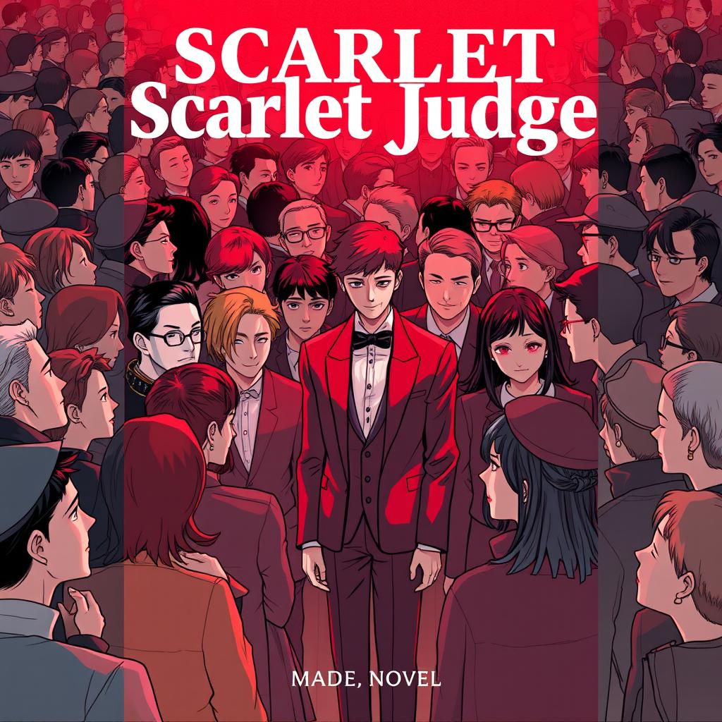 A book cover for a novel titled 'Scarlet Judge' depicting a tightly packed crowd of people, standing very close together
