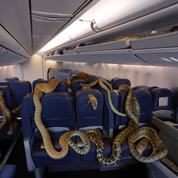 Several colorful, exotic snakes aboard an empty commercial airplane.