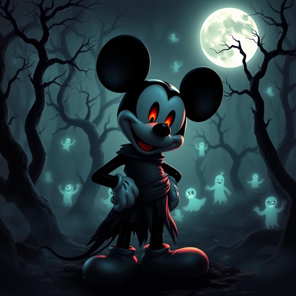 A spooky twist on a classic character, featuring a dark and eerie version of Mickey Mouse