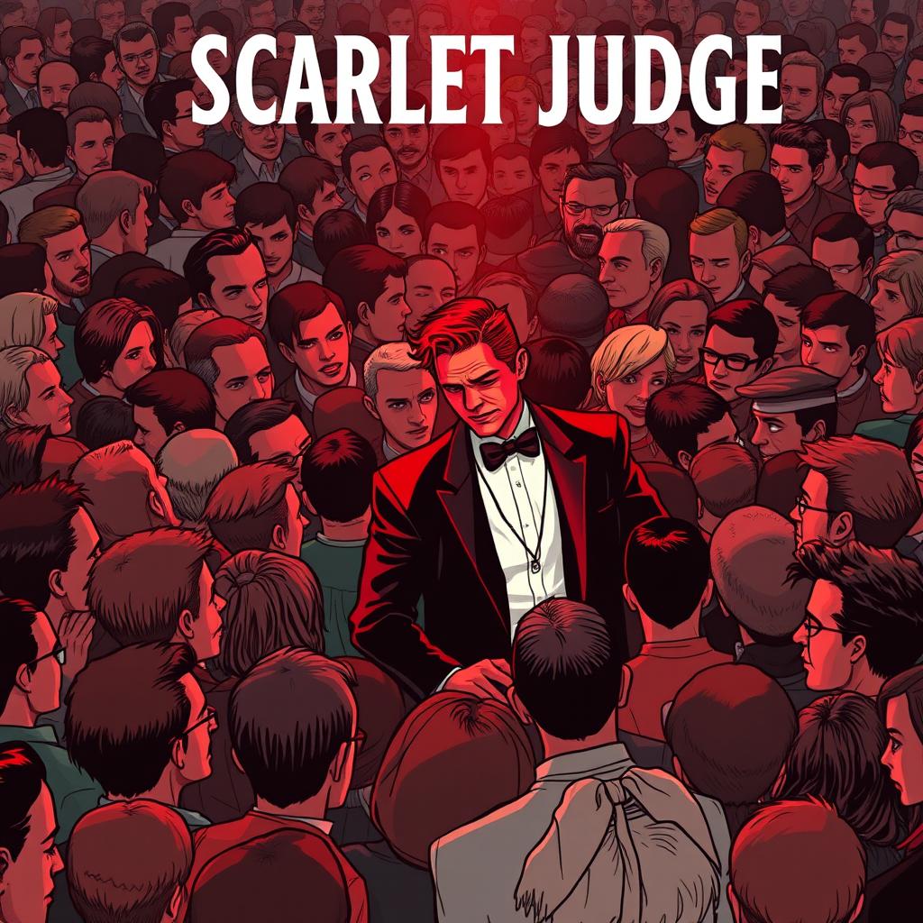 A book cover for a novel titled 'Scarlet Judge', featuring a densely packed crowd of people standing very close to one another