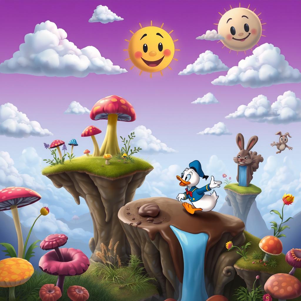 A whimsical yet slightly bizarre background featuring Donald Duck in a surreal landscape
