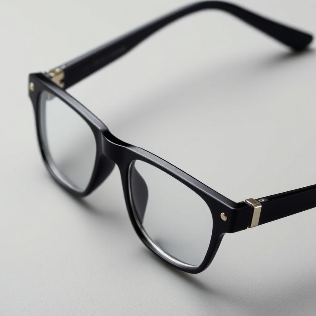 A black plastic flat frame eyewear featuring positive lenses with a front curvature of 12