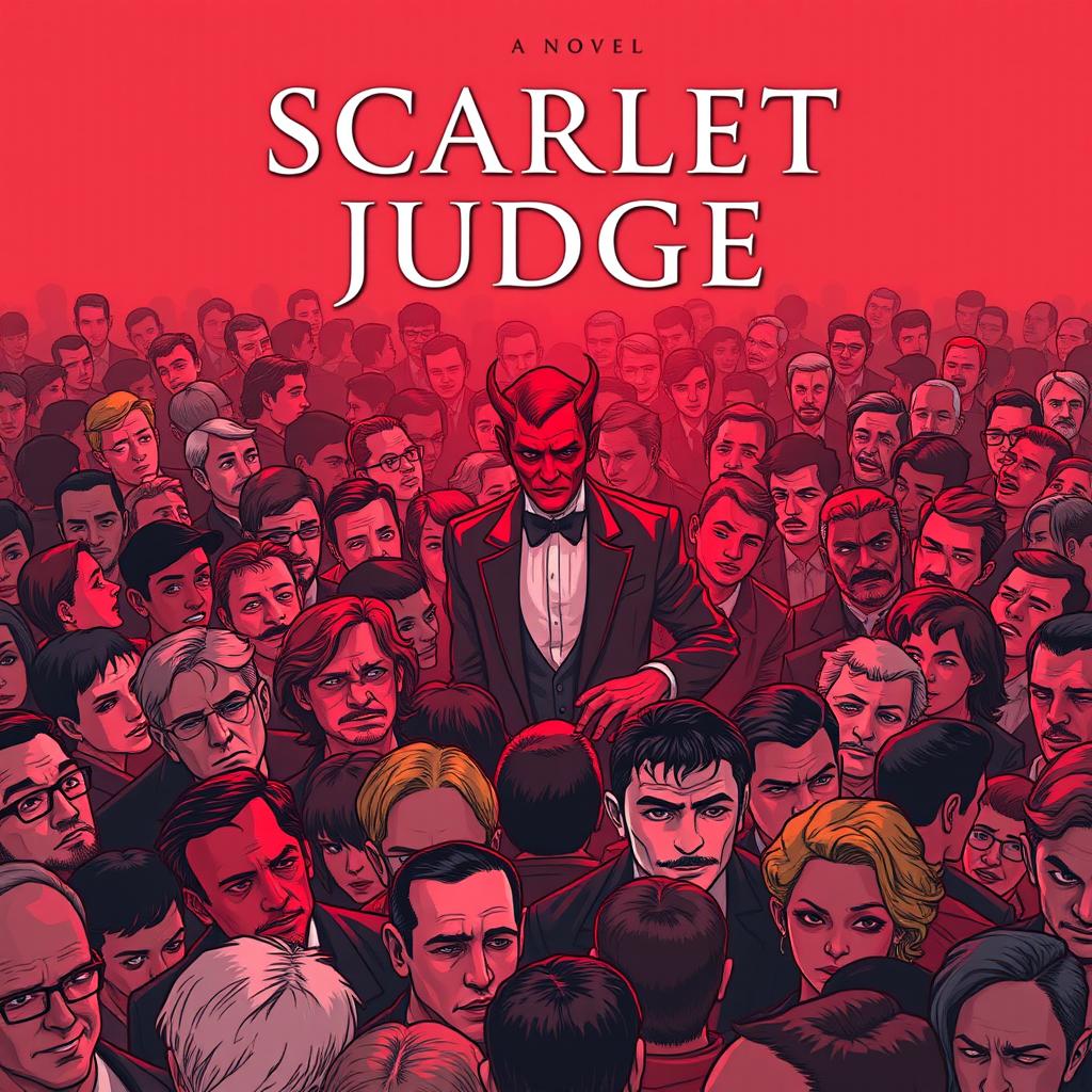 A book cover for a novel titled 'Scarlet Judge', featuring a dense crowd of people tightly packed together
