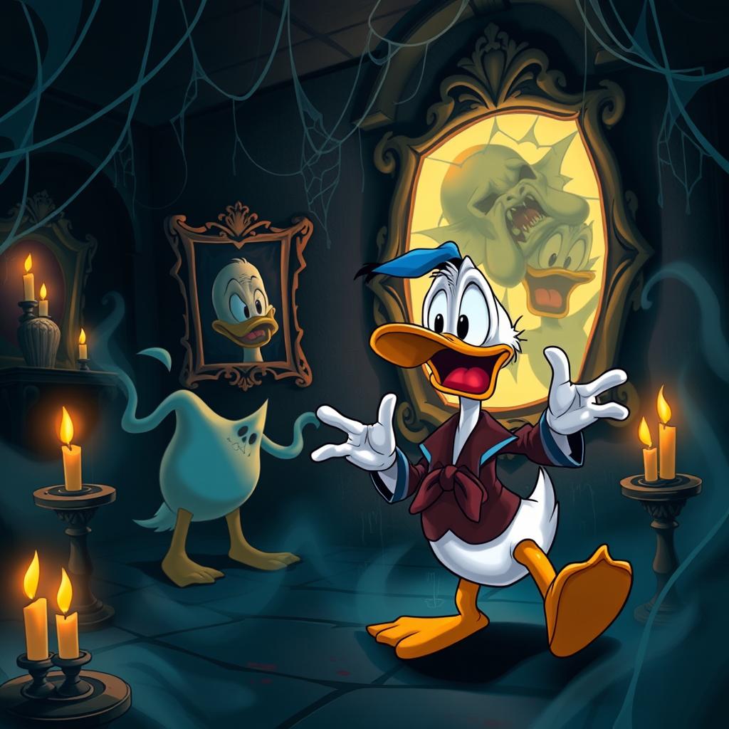 A chilling and bizarre background featuring Donald Duck in a horror-themed scenario