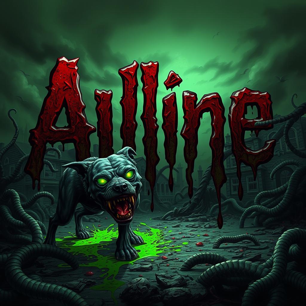 A horrifying scene featuring a grotesque landscape with the name 'Aline' written in dripping, bloody letters