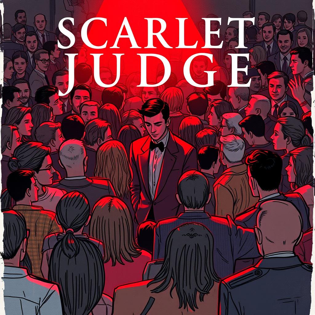 A book cover for a novel titled 'Scarlet Judge', depicting a tightly packed crowd of people standing close together